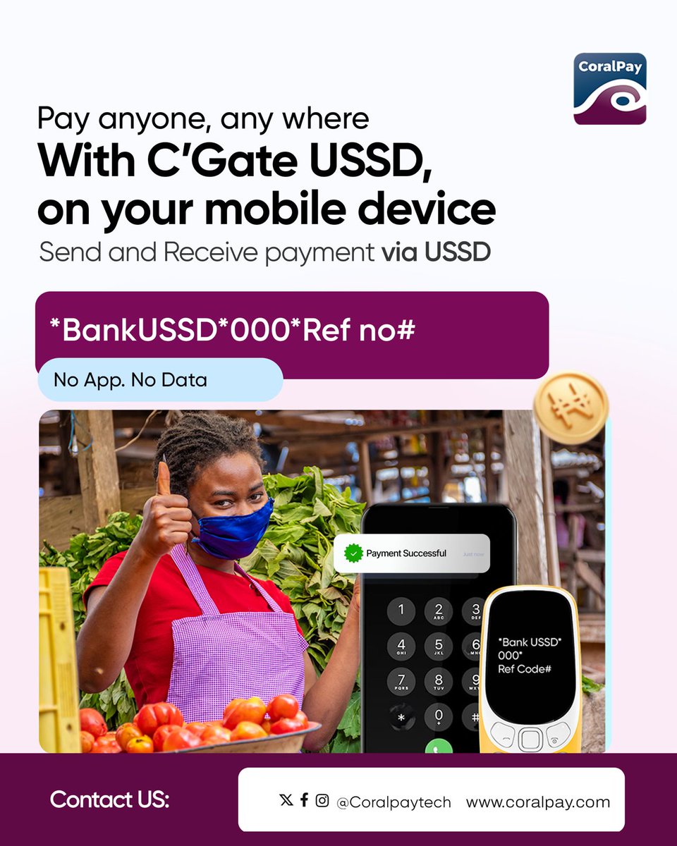 No data. No app. No stress.
C’Gate USSD lets you send and receive payments straight from your phone.

Simple access. Real impact.

#CoralPay #USSD #FintechAfrica #DigitalInclusion #Payments