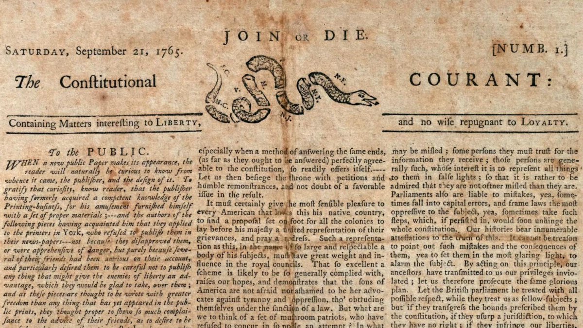 JOIN or DIE.
The Constitutional Courant
(c. Sept. 21, 1765)