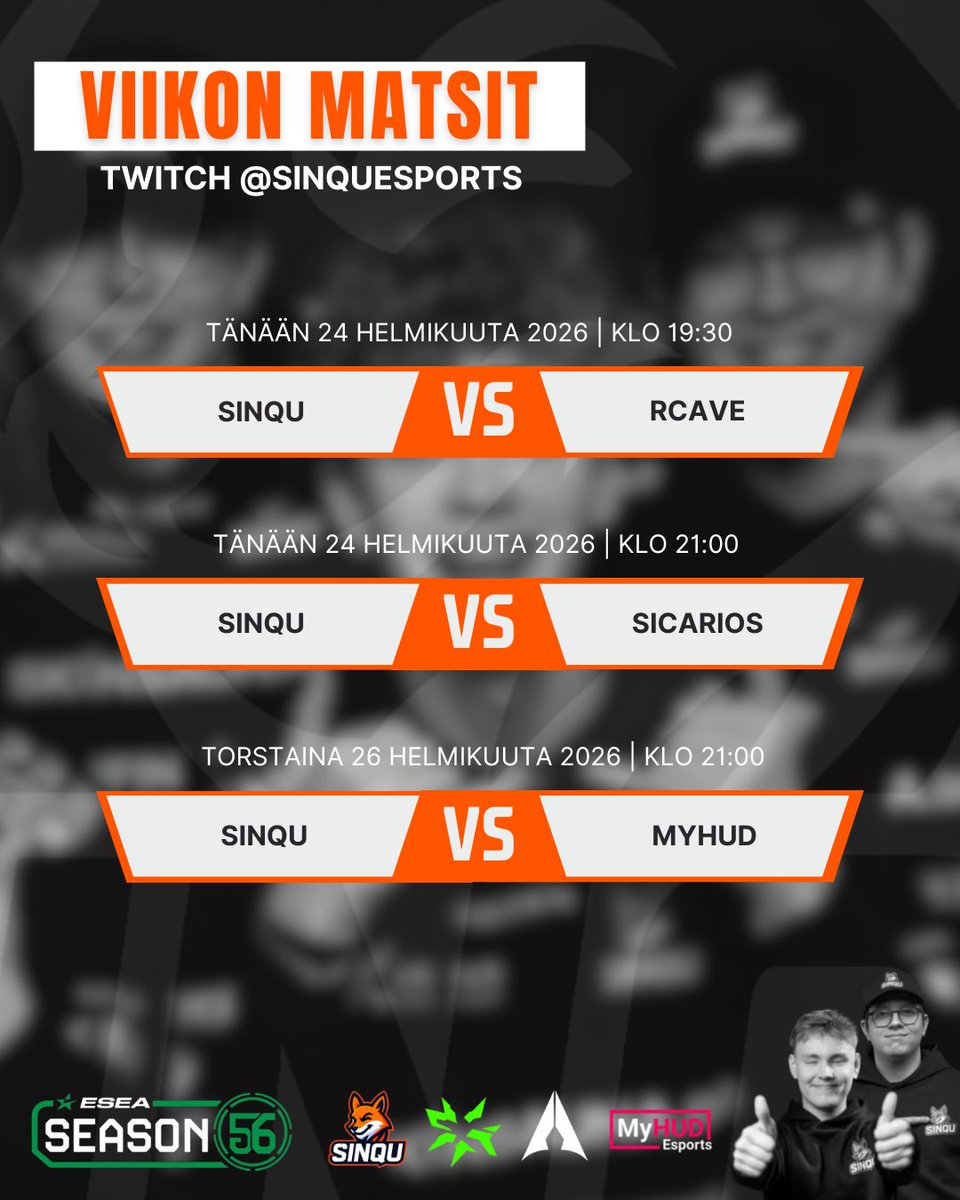 Tällä viikolla pelataan Euroopan liigan tärkeimmät matsit🔥

Tänään tiistaina vastassa suomalainen <a href="/Rcave_community/">Rcave</a> ja ukrainalainen Sicarios🇺🇦

Torstaina viikon viimeisessä matsissa vastaan asettuu ranskalainen <a href="/MyHUDEsportsCS/">MyHUDEsports</a> 💪

Alle kuukausi seuraavaan ulkomaan LAN-eventtiin