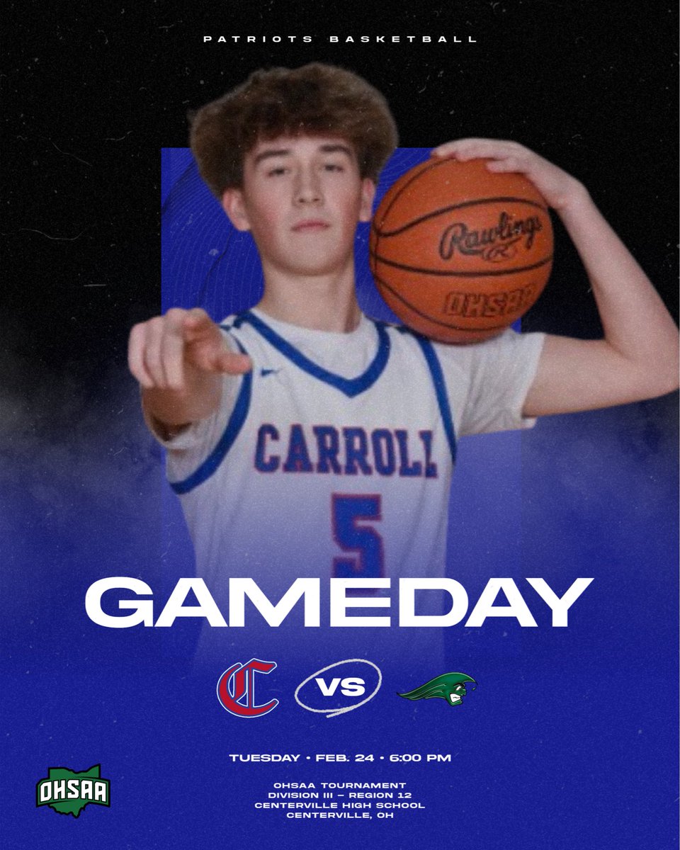 CarrollBoysBB's tweet photo. 𝙄𝙏’𝙎 𝙂𝘼𝙈𝙀𝘿𝘼𝙔! 🏀🇺🇸

🏀: OHSAA Sectional Tournament 
🆚: Greenville HS
📍: Centerville, OH
🕢: 6:00 pm
🎟️: https://t.co/Mp51hWljYl (online or cash)
💻: https://t.co/prNNgembO2

#PatriotPride | #Team63 https://t.co/H5xx1SZSEk