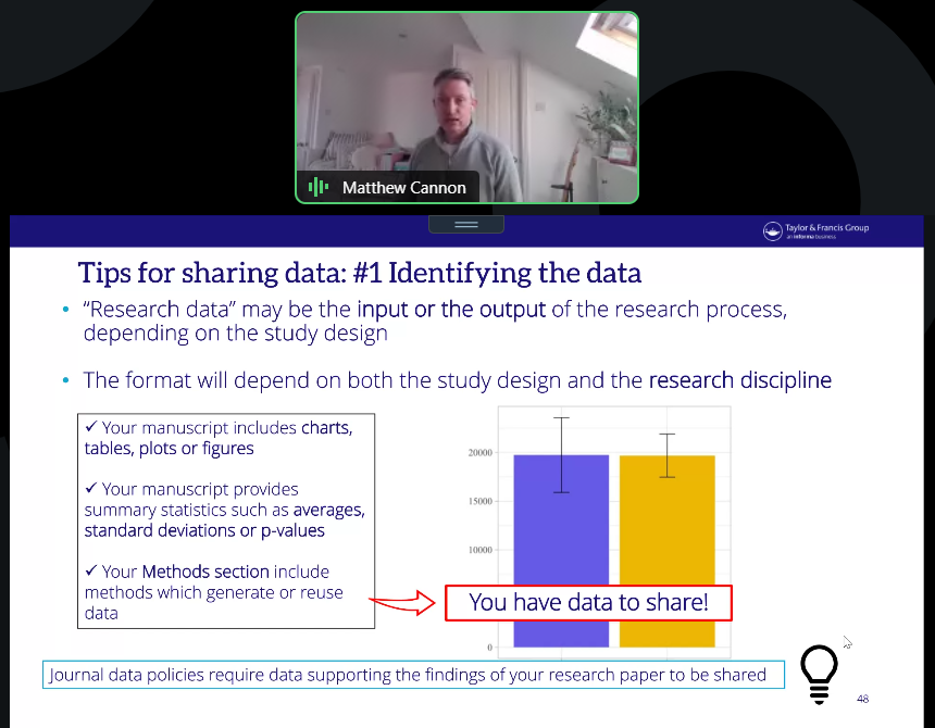 The webinar concluded with an insightful presentation by Matt Cannon, Associate Director of Open Science Programmes at <a href="/tandfonline/">Taylor & Francis Research Insights</a>, who explored practical approaches to data sharing in medical research.

He unpacked journal data-sharing policies and encouraged researchers to