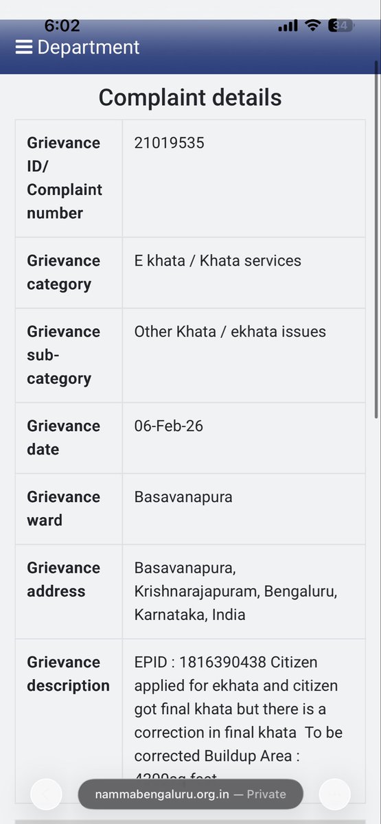 iamavin26's tweet photo. @DKShivakumar @CMofKarnataka @GBA_office My eKhata Application mentioned a built-up area of 4200 sq ft, but  was incorrectly updated to 5000 sq ft. I raised a complaint, no response so far. Govt advises citizens not to visit BBMP offices, yet we’re being asked to come in person https://t.co/ar0A5MAhv3