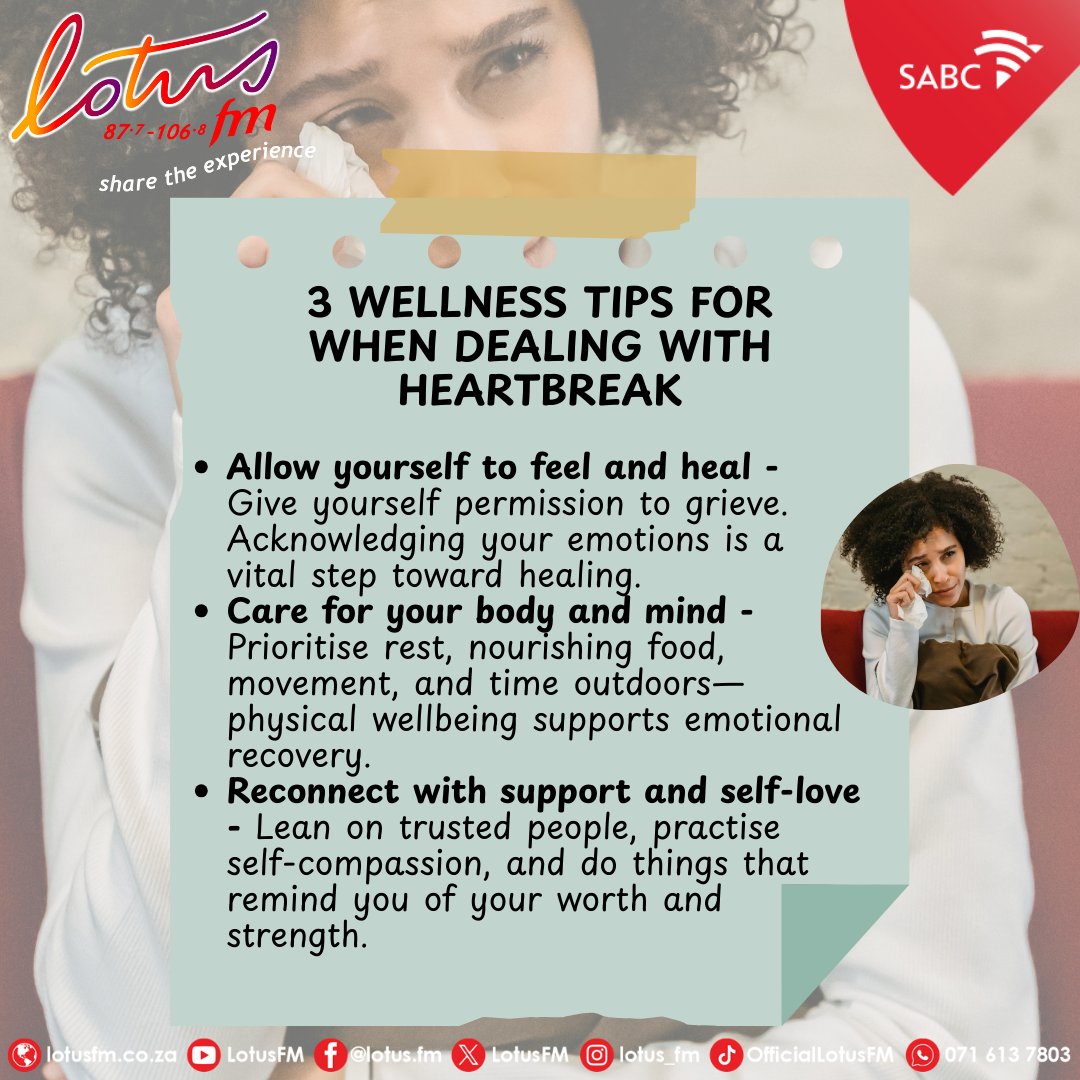 Lotusfm's tweet photo. This #WellnessWednesday we share with you 3 Wellness Tips for when dealing with heartbreak in celebration of the #MonthOfLove. โฅ๏ธ๐๐ฅฐ๐น๐๐ซถ๐ผ
#LotusFM #ShareTheExperience https://t.co/0V7mDd9Aix