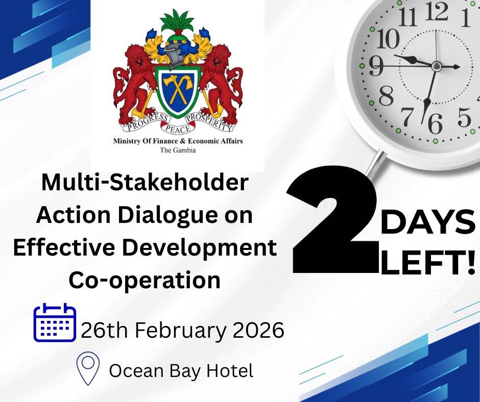 MofeaGambia's tweet image. ⏳✨ Just 2 Days to Go!

Only two days left until the Multi-Stakeholder Action Dialogue on Effective Development Cooperation 🤝🌍

This important dialogue will bring together key stakeholders to strengthen partnerships and enhance coordination.

#2DaysToGo #DevelopmentCooperation