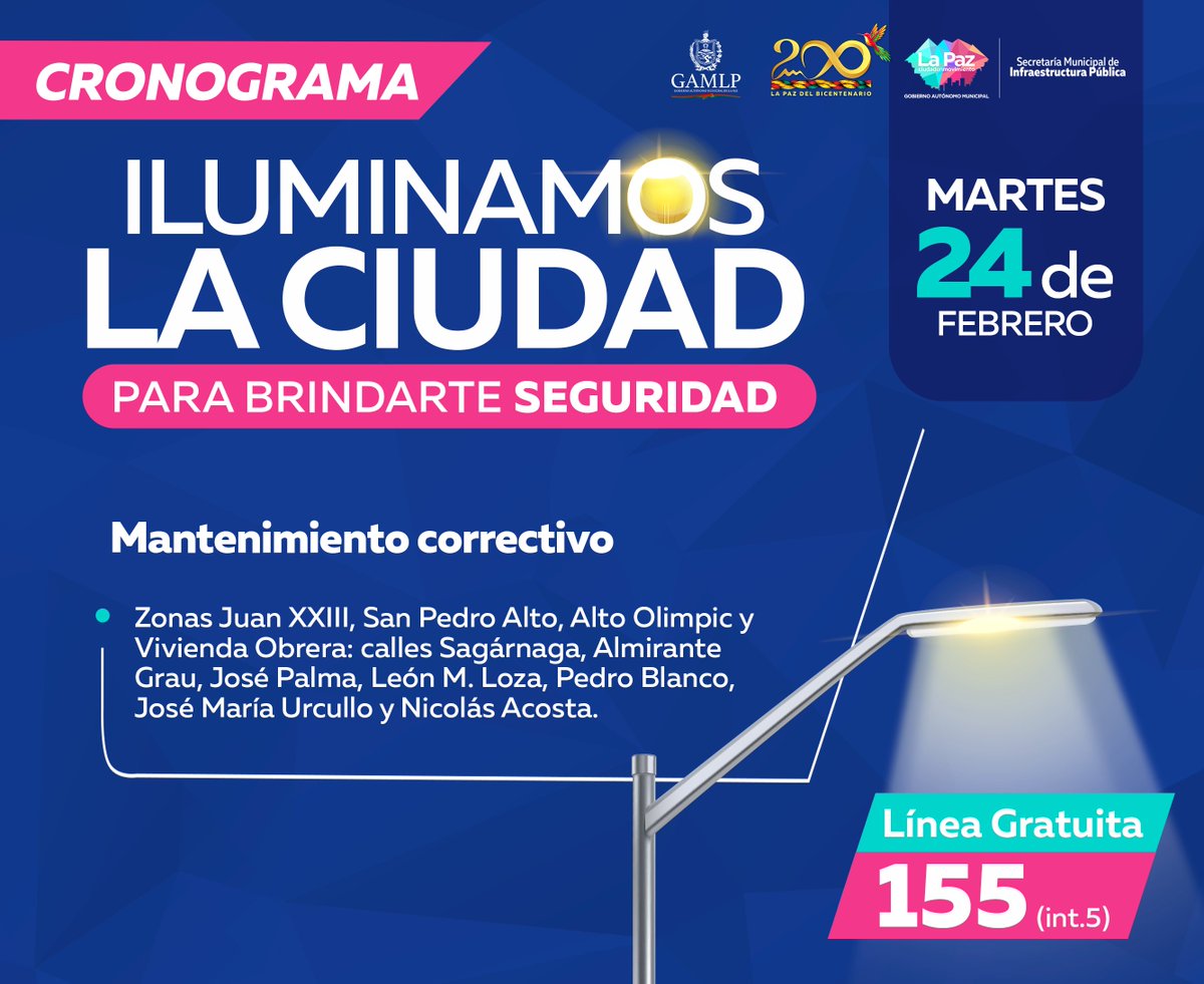 SMIPLaPaz's tweet photo. Como parte de un mantenimiento integral, esta la programación de la jornada en el macrodistrito #Cotahuma. 

#MantenimientoAlumbradoPúblico
@ivanariasduran @unitelbolivia @RedUnoTv @cadenaabolivia @ExitoNoticias
@LaPazAlcaldia @SMIPLaPaz https://t.co/JUOgU1jpP7