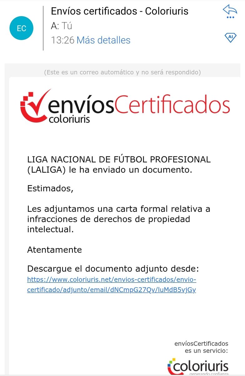 carlesenric's tweet photo. Acabamos de responder formalmente al nuevo envio de @LaLiga del email indicado más abajo. Creemos es importante todo el mundo sea consciente de lo que esta sucediendo

Asunto: Solicitud de aclaración e individualización de requerimientos remitidos

A la atención del Departamento Legal de LALIGA,

En relación con los requerimientos remitidos mediante servicio certificado relativos a supuestas infracciones de derechos de propiedad intelectual vinculadas a direcciones IP compartidas, acusamos recibo de los mismos.

Los dominios mencionados desarrollan actividad empresarial lícita y ajena a la difusión o facilitación de contenidos audiovisuales protegidos.

Con el fin de actuar con la máxima diligencia y colaboración, solicitamos formalmente que se nos facilite:

1. Identificación concreta e individualizada de la conducta infractora que se atribuye específicamente a cada uno de nuestros dominios.
2. Evidencia técnica que vincule directamente nuestra actividad empresarial con la supuesta infracción mencionada.
3. Confirmación expresa de que no se nos imputa participación activa en la difusión o facilitación de contenidos protegidos.
4. Criterio objetivo utilizado para la selección de nuestros dominios dentro de una infraestructura técnica compartida que alberga un número elevado de sitios web de terceros.

Asimismo, agradeceríamos confirmación expresa de si estos requerimientos están siendo remitidos de forma generalizada a la totalidad de empresas legales alojadas en la infraestructura técnica compartida de Cloudflare afectada, o si, por el contrario, existe un criterio específico que justifique la selección particular de nuestros dominios frente a los miles de sitios web igualmente alojados en dicha red.

En el primer supuesto, estaríamos ante notificaciones masivas que podrían afectar indiscriminadamente a empresas ajenas a cualquier infracción.  
En el segundo supuesto, sería necesario conocer el criterio objetivo que justifica la selección exclusiva de nuestros dominios.

La remisión reiterada de requerimientos sin individualización técnica suficiente o sin criterio objetivo transparente podría generar una situación susceptible de ser calificada como ejercicio abusivo del derecho de notificación o como eventual hostigamiento empresarial, extremo que deseamos evitar mediante la presente solicitud de aclaración formal.

Nuestra actividad empresarial se desarrolla conforme a la normativa vigente en materia de propiedad intelectual y comercio electrónico. El hecho de compartir infraestructura técnica con terceros no implica relación, control ni vinculación alguna con contenidos ajenos.

Reiteramos nuestra disposición a colaborar ante cualquier requerimiento debidamente individualizado y sustentado en hechos concretos.

Quedamos a la espera de la información solicitada.

Atentamente,