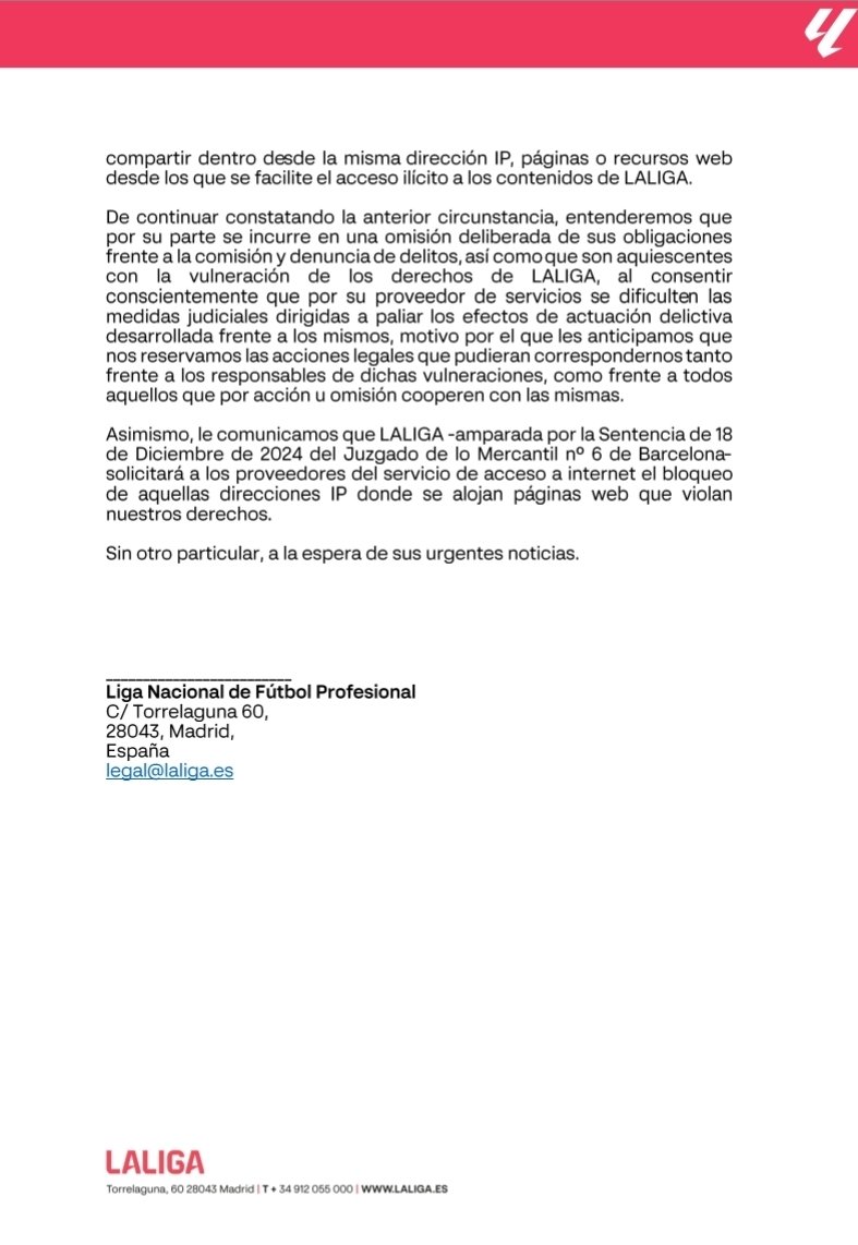 Acabamos de responder formalmente al nuevo envio de <a href="/LaLiga/">LALIGA</a> del email indicado más abajo. Creemos es importante todo el mundo sea consciente de lo que esta sucediendo

Asunto: Solicitud de aclaración e individualización de requerimientos remitidos

A la atención del Departamento