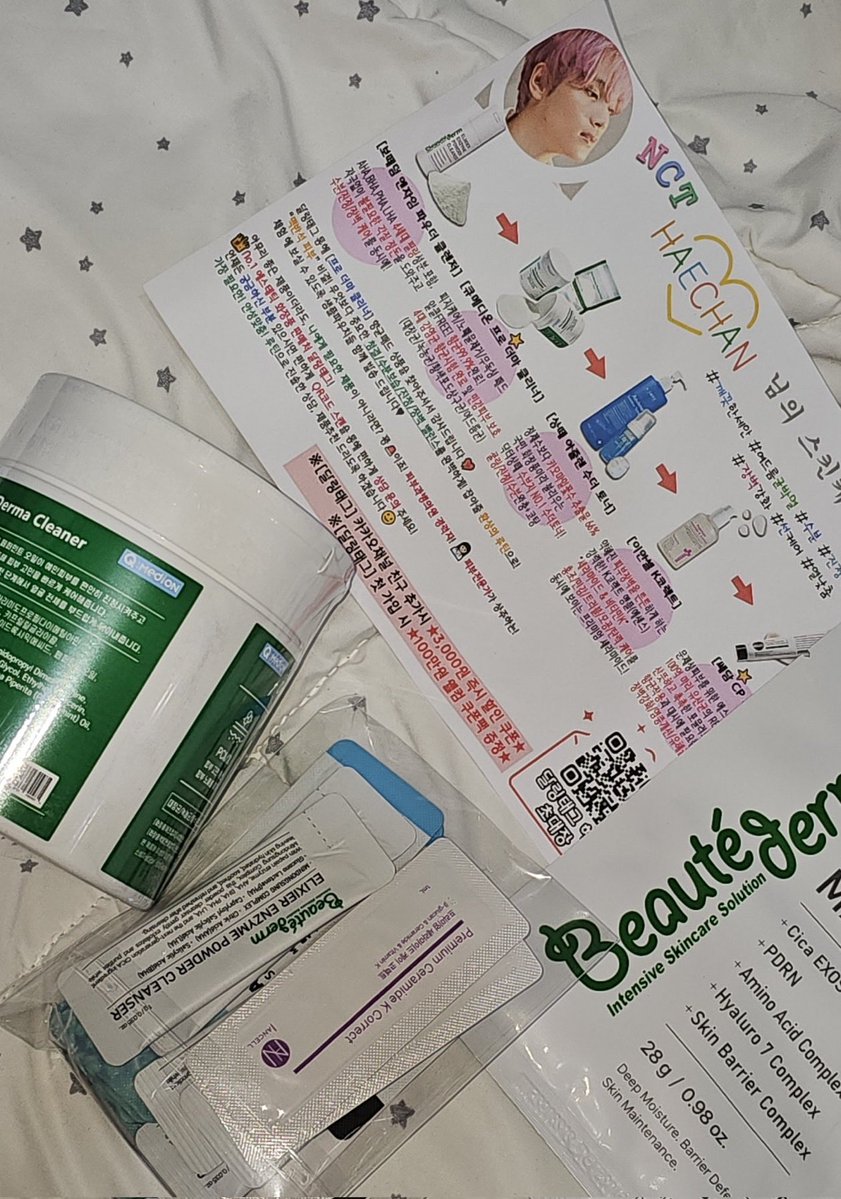 online beauty store that op bought from also added a card with Haechan’s skin care routine for everyone who bought the product!!! 🥹😭