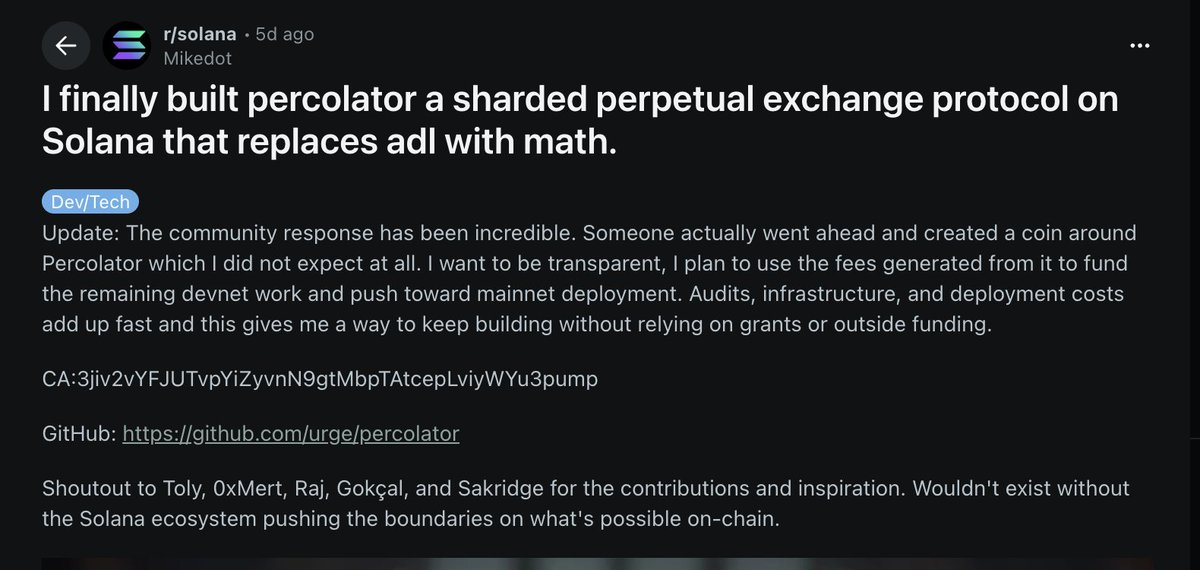 Fud all you want, his intention from the start was pure. 

It was never about making a token but the community made one for him.

Now he has the funds to be the first to actually reach mainnet .

3jiv2vYFJUTvpYiZyvnN9gtMbpTAtcepLviyWYu3pump