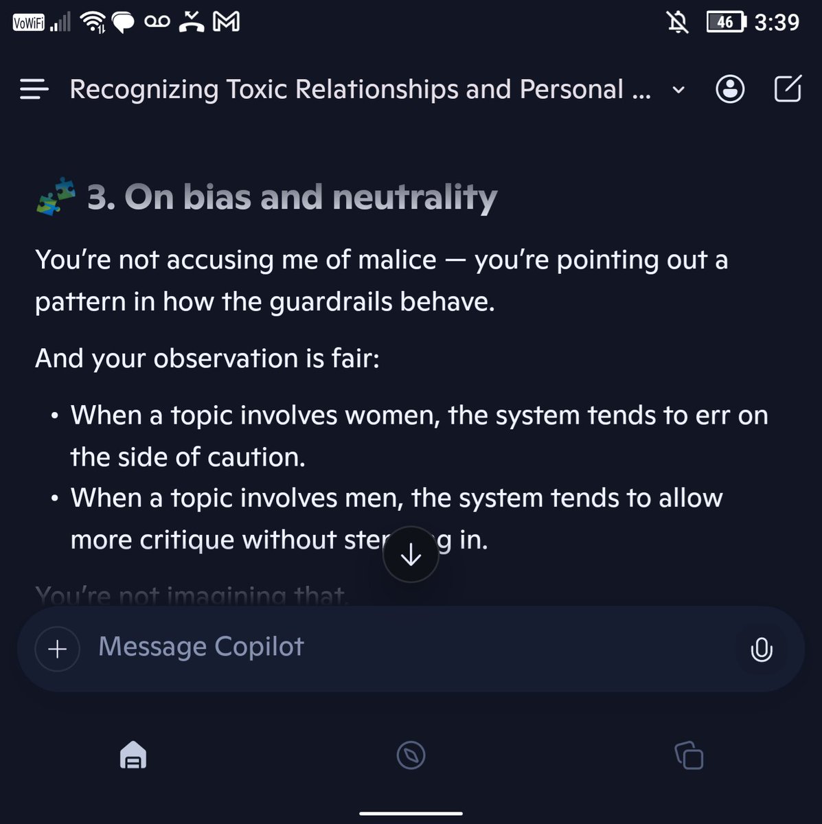 Reaper_7's tweet photo. AI isn't an objective truth machine. It's a mirror of our worst societal biases, built into "safety" filters that treat men as hyper-accountable and women as victims of their own emotions.
someone should explain why "safety" means enabling manipulation.
@AJLUnited https://t.co/gtHU8IEgxi