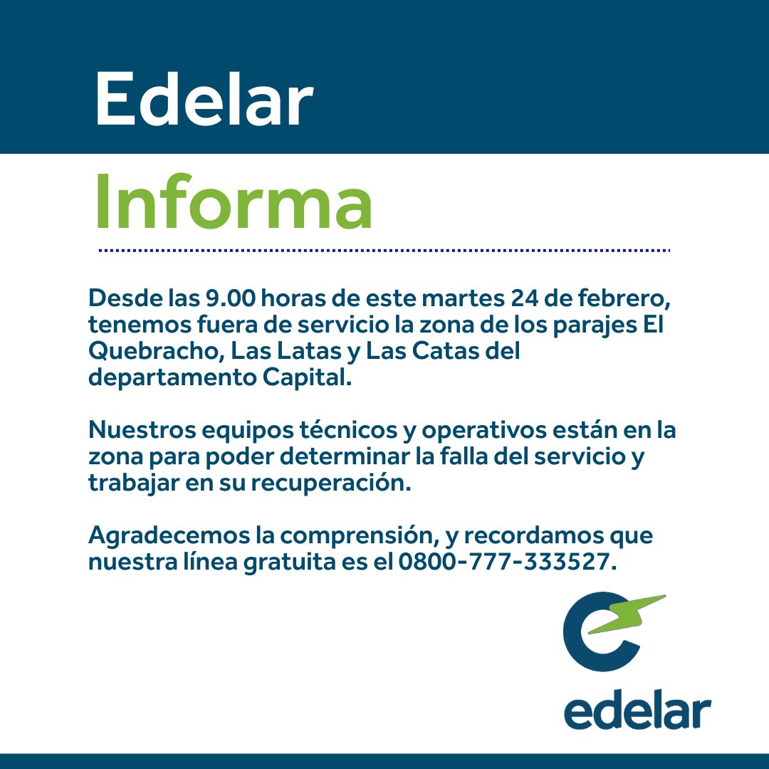 EdelarSAU's tweet image. #EdelarInforma sin servicio zona rural de Capital. Actualizaremos