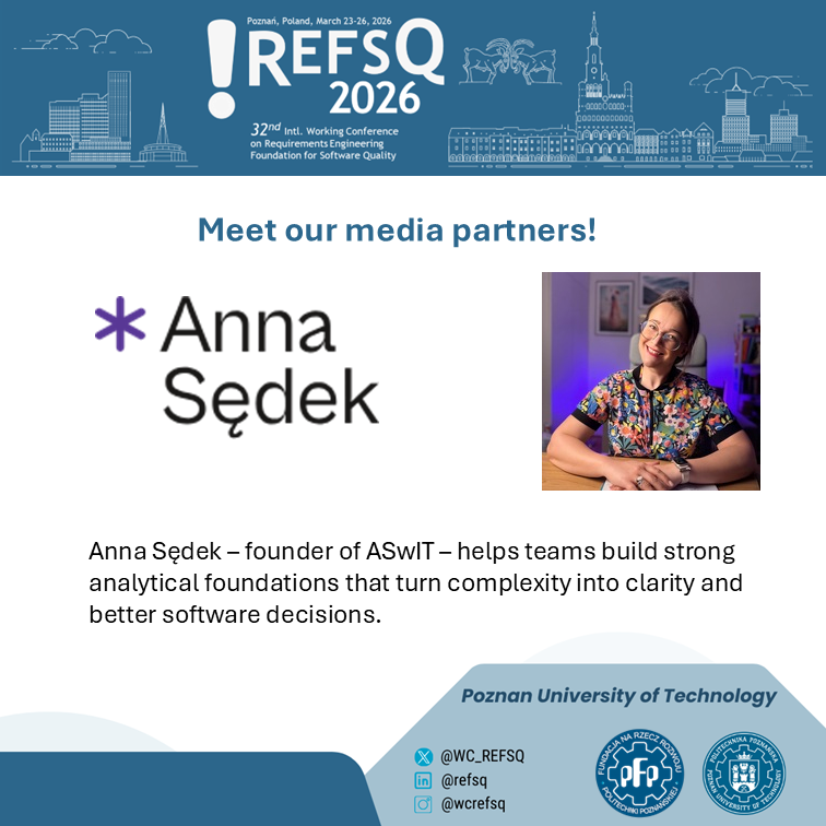 WC_REFSQ's tweet photo. ๐ค Media Partner Spotlight
Weโre delighted to welcome Anna Sฤdek as a Media Partner of the conference! ๐
Thank you for supporting the community and helping amplify conversations around requirements engineering and software development.
#REFSQ #MediaPartner #Community https://t.co/ajYZnpV2kI