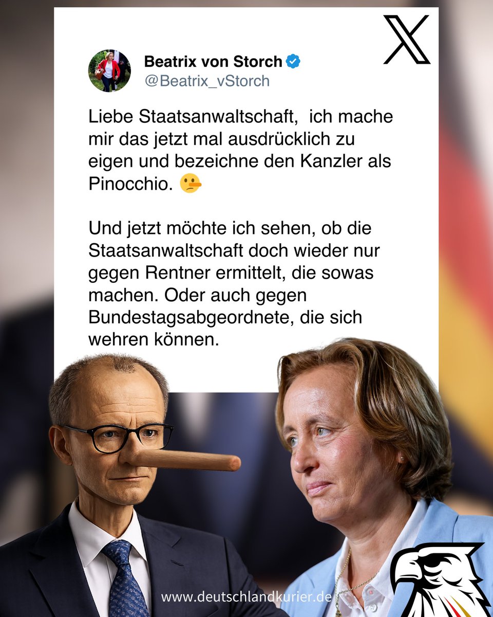 #Klartext von <a href="/Beatrix_vStorch/">Beatrix von Storch</a>! 😎

„Liebe Staatsanwaltschaft, ich mache mir das jetzt mal ausdrücklich zu eigen und bezeichne den Kanzler als #Pinocchio. 🤥

Und jetzt möchte ich sehen, ob die Staatsanwaltschaft doch wieder nur gegen Rentner ermittelt, die sowas machen. Oder