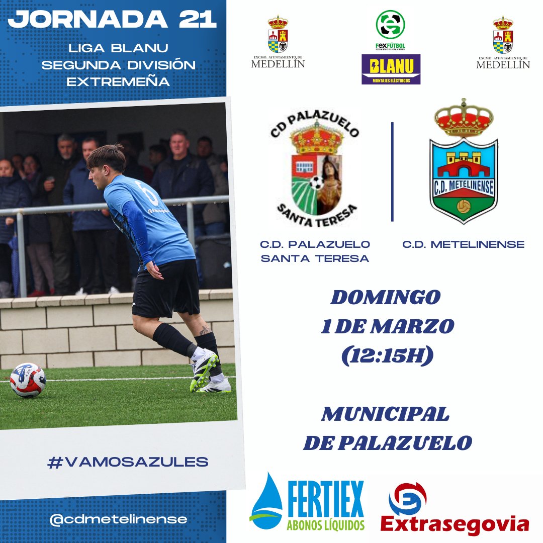 cdmetelinense's tweet photo. 🔵 TOD@S A PALAZUELO 🔵

💥 AFICIÓN, una semana más os necesitamos para apoyarnos en un dificilísimo partido. 

➡️ Visitamos al C.D. Palazuelo Santa Teresa, rival directo y un grandísimo equipo con el que estamos emapatados a puntos actualmente. 

💙💪  ¡VAMOS AZULES! https://t.co/RG52OX5HjK