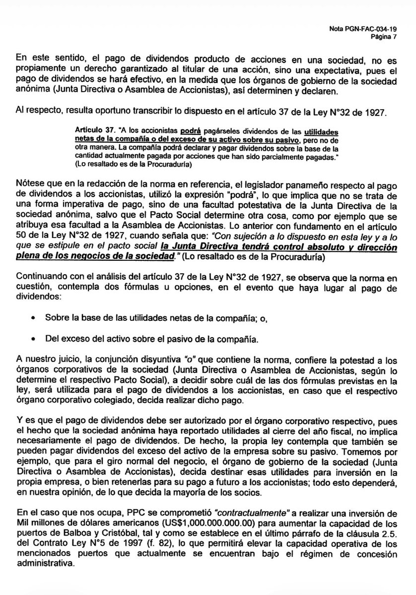 Mariafabrega67's tweet photo. Dentro de la denuncia por vicio oculto contra PPC, Kenia Porcel como Procuradora emitió una opinión que  resulta difícil de sostener desde una lógica jurídica elemental, pues parte de reconocer que la sociedad generó utilidades y que estas fueron efectivamente retenidas, pero concluye que no existía obligación alguna de pagar dividendos al Estado por tratarse de una sociedad anónima. En otras palabras, se acepta la existencia de beneficios económicos derivados de la participación accionaria estatal, pero se niega toda consecuencia jurídica frente al accionista.m, el Estado.
O sea, dice que los dividendos existen, que no han sido distribuidos y que el Estado es accionista, pero que, aun así, la sociedad no tenía deber alguno de distribuir dividendos retenidos, permitiéndoles así no reportarlos en perjuicio de todos los panameños.