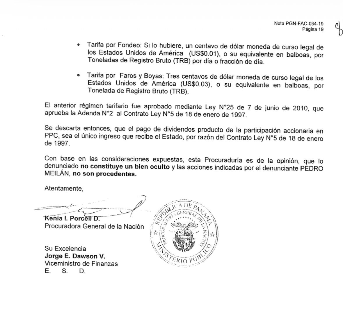 Mariafabrega67's tweet photo. Dentro de la denuncia por vicio oculto contra PPC, Kenia Porcel como Procuradora emitió una opinión que  resulta difícil de sostener desde una lógica jurídica elemental, pues parte de reconocer que la sociedad generó utilidades y que estas fueron efectivamente retenidas, pero concluye que no existía obligación alguna de pagar dividendos al Estado por tratarse de una sociedad anónima. En otras palabras, se acepta la existencia de beneficios económicos derivados de la participación accionaria estatal, pero se niega toda consecuencia jurídica frente al accionista.m, el Estado.
O sea, dice que los dividendos existen, que no han sido distribuidos y que el Estado es accionista, pero que, aun así, la sociedad no tenía deber alguno de distribuir dividendos retenidos, permitiéndoles así no reportarlos en perjuicio de todos los panameños.