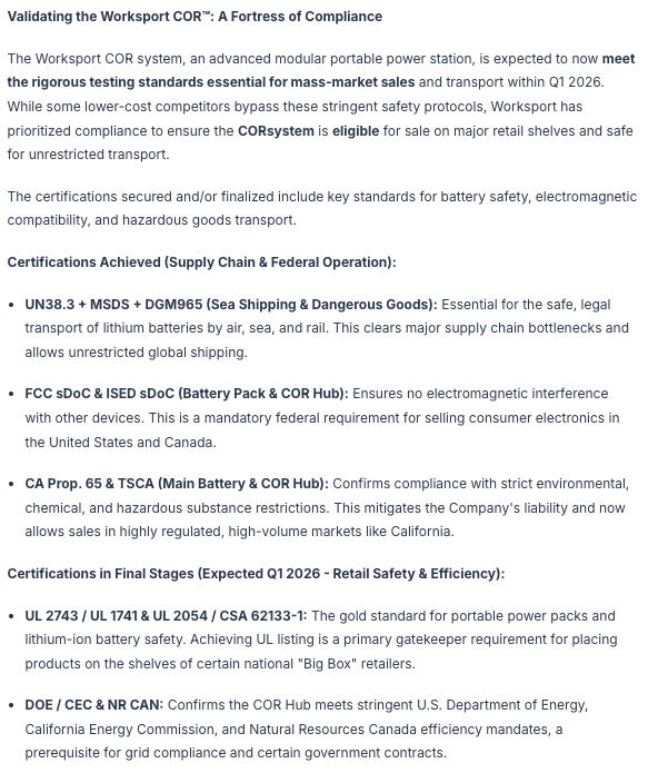 og_tigress's tweet image. $WKSP #advertisement

WKSP recently announced they have secured a key certification for their COR™ Portable Energy Systems just 4 days ago which in turn caused a break from lows from $1. What this means for the company is they now have cleared a path for this product for global