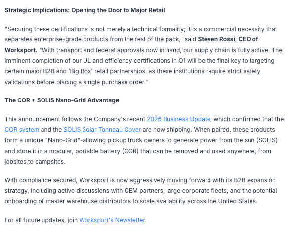 og_tigress's tweet image. $WKSP #advertisement

WKSP recently announced they have secured a key certification for their COR™ Portable Energy Systems just 4 days ago which in turn caused a break from lows from $1. What this means for the company is they now have cleared a path for this product for global