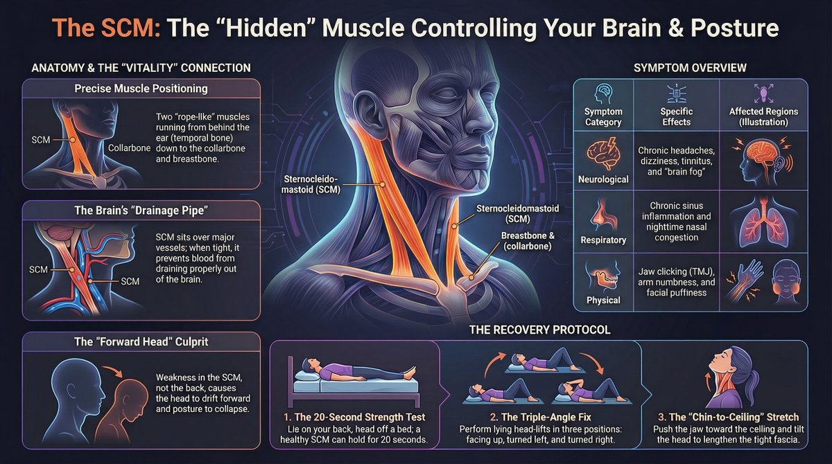 THE FORGOTTEN MUSCLE THAT CONTROLS YOUR BRAIN

Your neck has a muscle that does more than turn your head. When it weakens, you get headaches. You feel dizzy. Your sinuses stay inflamed. Your jaw clicks. You look older.

Most people never think about it. It shrinks without