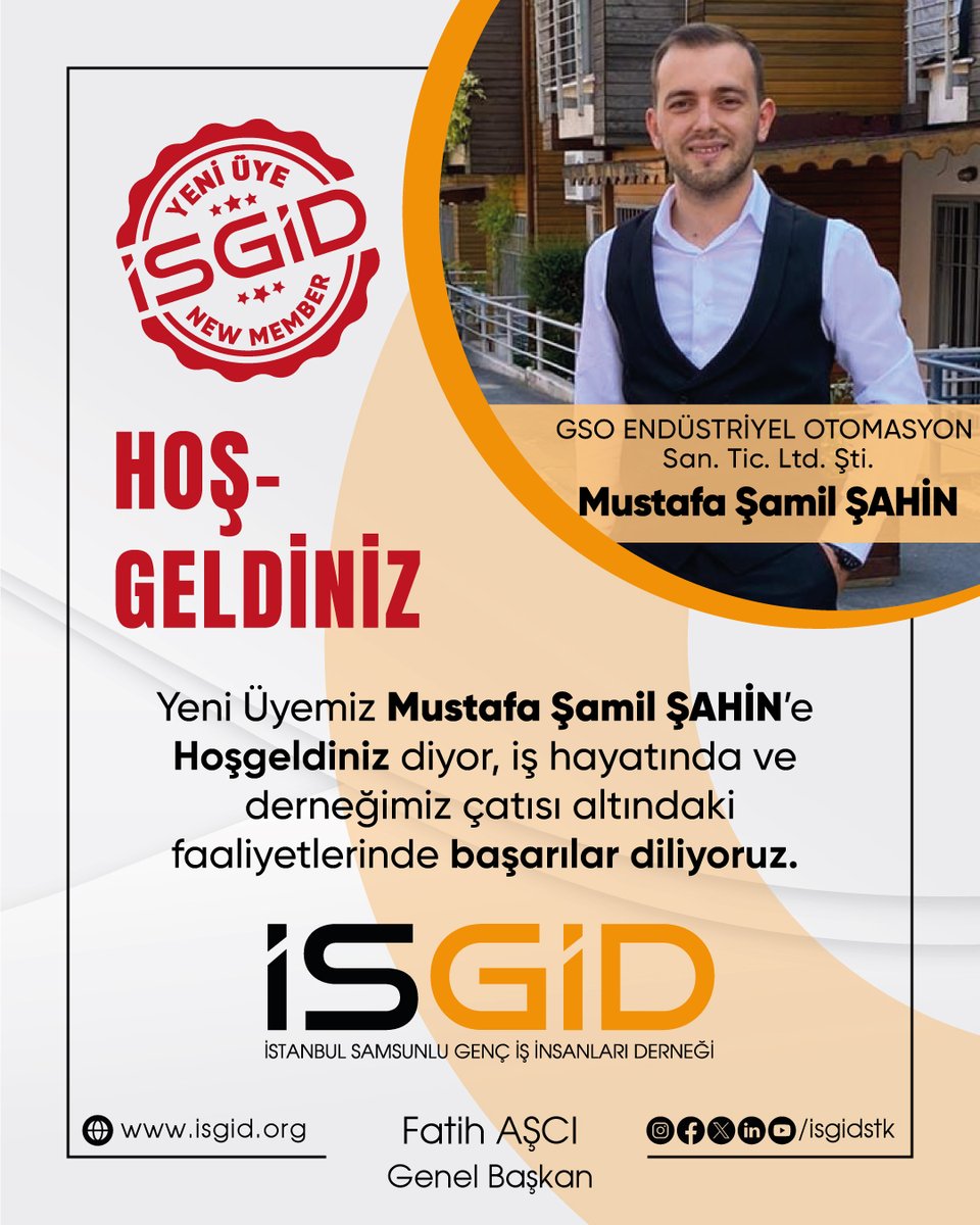 Yeni Üyemiz Mustafa Şamil ŞAHİN'e Hoşgeldiniz diyor, iş hayatında ve derneğimiz çatısı altındaki faaliyetlerinde başarılar diliyoruz.

<a href="/fthasci/">Fatih Aşcı</a> 
İSGİD Genel Başkanı

#İsgid #MustafaŞamilŞahin #GSOEndüstriyelOtomasyon #YeniÜye