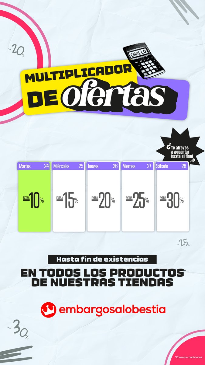 Hoy tooodos los productos tienen un 𝟏𝟎% 𝐝𝐞 𝐝𝐞𝐬𝐜𝐮𝐞𝐧𝐭𝐨 𝐀𝐃𝐈𝐂𝐈𝐎𝐍𝐀𝐋: muebles de 𝐦𝐚𝐫𝐜𝐚𝐬 𝐝𝐞 𝐝𝐢𝐬𝐞𝐧̃𝐨, 𝐆𝐫𝐚𝐧 𝐞𝐥𝐞𝐜𝐭𝐫𝐨, 𝐒𝐨𝐟𝐚́𝐬,𝐏𝐀𝐄...
Corre! Las ofertas son para los productos que hay en tienda y cada vez quedan menos! #Embargosalobestia