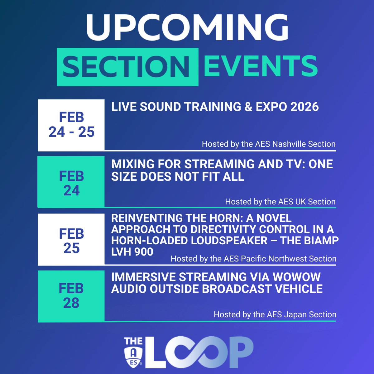 AESorg's tweet photo. Join us for upcoming AES Section Events!
https://t.co/wRGnY3qHkN

#AESorg #AudioEngineering #AudioEvents #AESMembers #LiveSound #Streaming #Broadcast #Loudspeakers #ImmersiveAudio https://t.co/cyQrzCCRB8