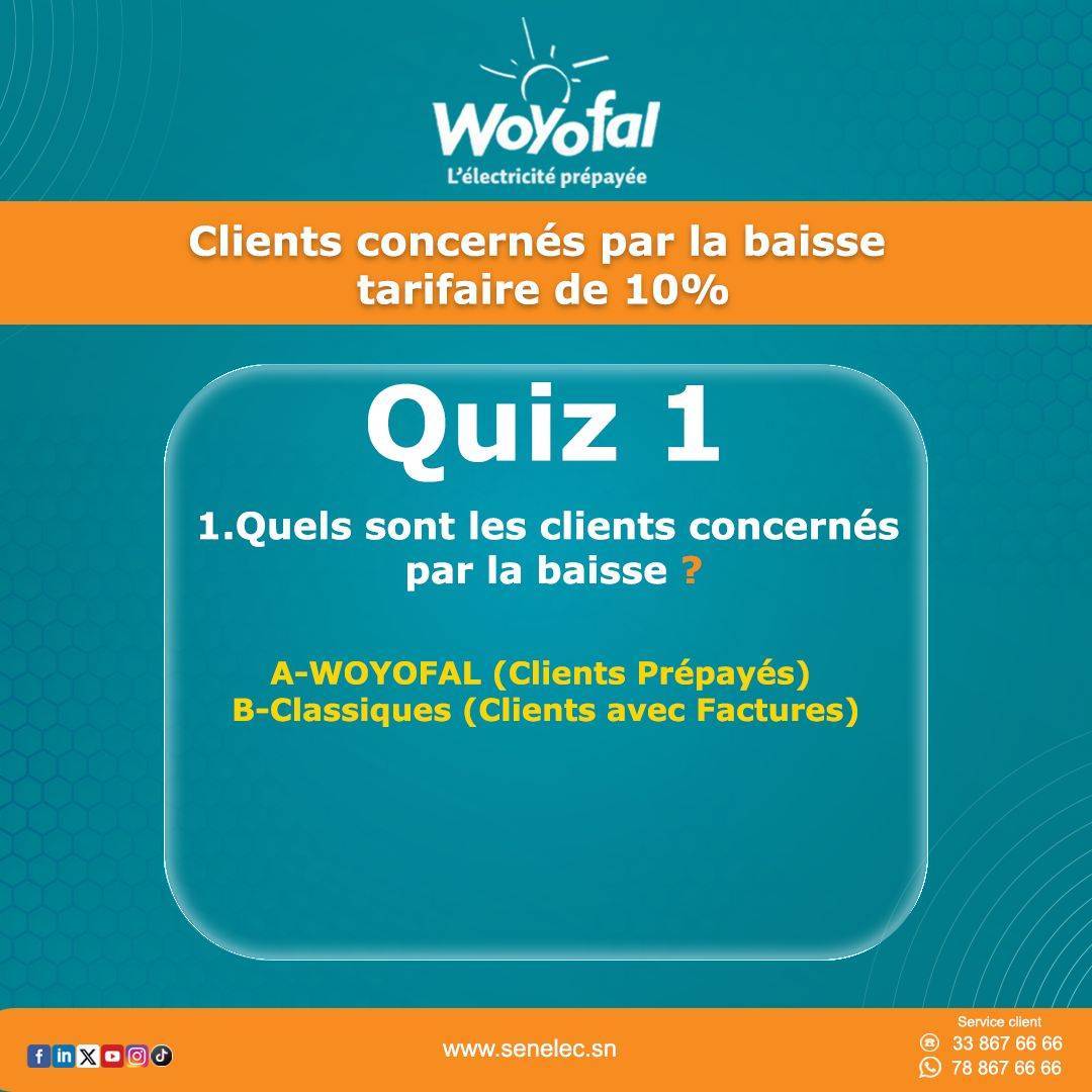 Senelecofficiel's tweet photo. Parlons Baisse des tarifs : Êtes-vous concerné ?
Écris ta réponse en commentaire 👌. 
​#Woyofal #Senelec https://t.co/ehDc3bFLwV