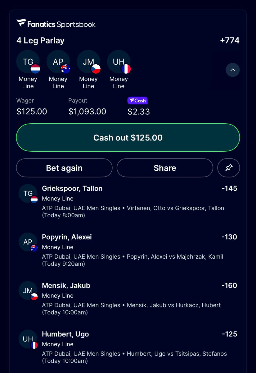 OffTheGridNYC's tweet photo. ๐จ DUBAI ATP 4-LEG LOCK PARLAY ๐จ
Back to the drawing board ๐๐ฏ๐ฐ.. Gamble responsibly .
โ
Grikspoor
โ
Popyrin
โ
Mensik
โ
Humbert
$125 โ $1093 payout.
#ATPDubai #TennisBets
#Parlay #Tennis #Dubai #Gamblingtwitter https://t.co/P6f1WP6uL5