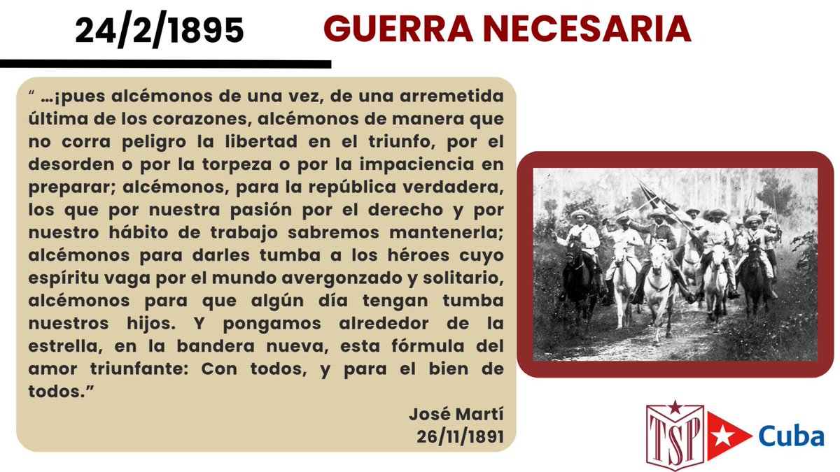 Al reiniciarse la guerra por la independencia de #Cuba, el 24 de febrero de 1895, se concretó el empeño de José Martí en el camino hacia una nación libre, “con todos y para el bien de todos”.
<a href="/Oscar_CubaTSP/">Oscar Silvera Martínez</a>