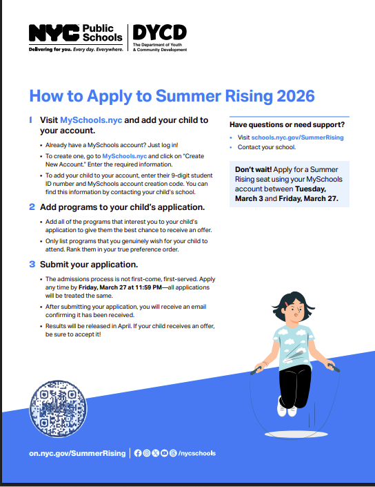 District22BKNY's tweet photo. Important Dates • March 3, 2026: Application Opens • March 27, 2026: Application Closes • April 21, 2026: Offer Release • July 1, 2026: Summer Rising Starts For more information, visit: https://t.co/pxURbl6gXq View flyers https://t.co/vIJoERXHSs https://t.co/mqK3EqOudY