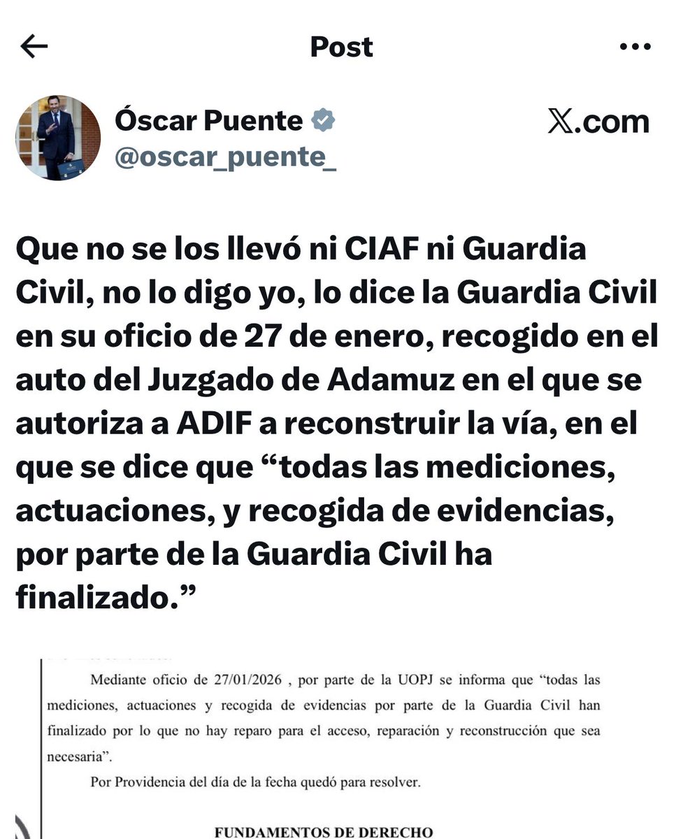En el auto del 27 de enero, la jueza especifica (en respuesta a Adif, que quería acceder a la zona del accidente) que podrán entrar DESPUÉS de que la GC recabase material (piedras, grava, etc). 
ADIF, sin embargo, YA SE LO LLEVÓ el 22 de enero.

<a href="/oscar_puente_/">Óscar Puente</a>