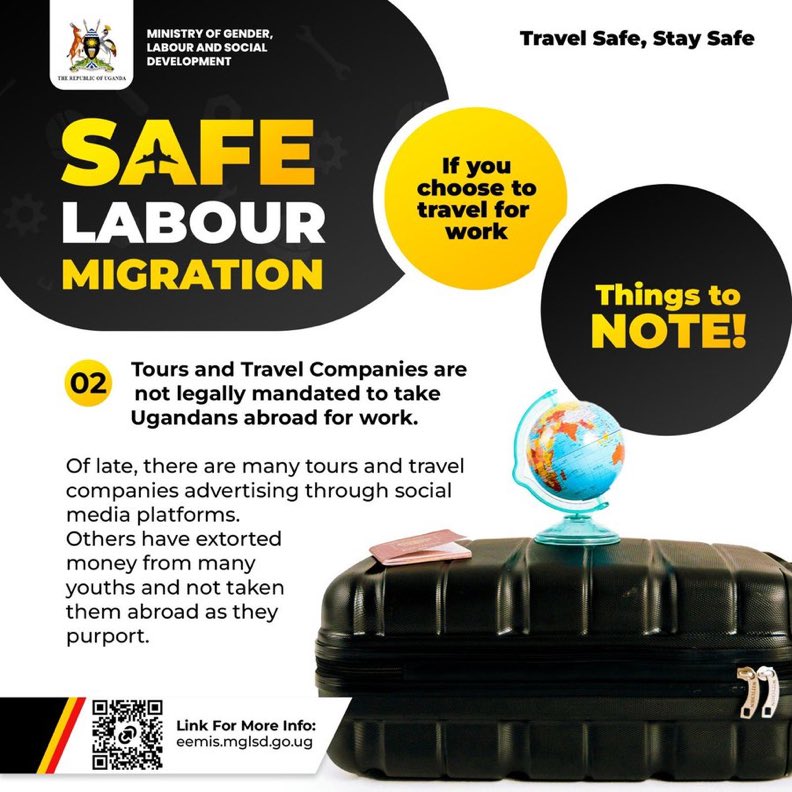 nasiimaroddy's tweet photo. Before paying any company to take you abroad for work, verify their mandate.
Not every tours and travel company is licensed to recruit workers. Protect your money and your future by confirming approval through official channels.
#SafeLabourMigration https://t.co/gQm1y4TrBc