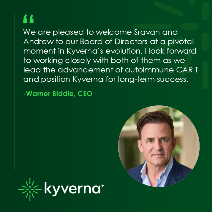 Kyverna_Tx's tweet photo. We are pleased to welcome Sravan K. Emany and Andrew Miller, PhD, to our Board of Directors. Their expertise and leadership in #biotech will be instrumental as we advance towards commercialization. Read more here: https://t.co/XXvvftivUk https://t.co/rQcSnLbR0X