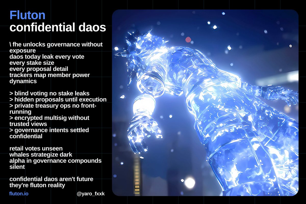 \ fluton confidential daos

fhe unlocks governance without exposure
daos today leak every vote
every stake size
every proposal detail
trackers map member power dynamics

fluton builds blind daos native
encrypted votes compute privately
decisions execute without reveals
treasuries