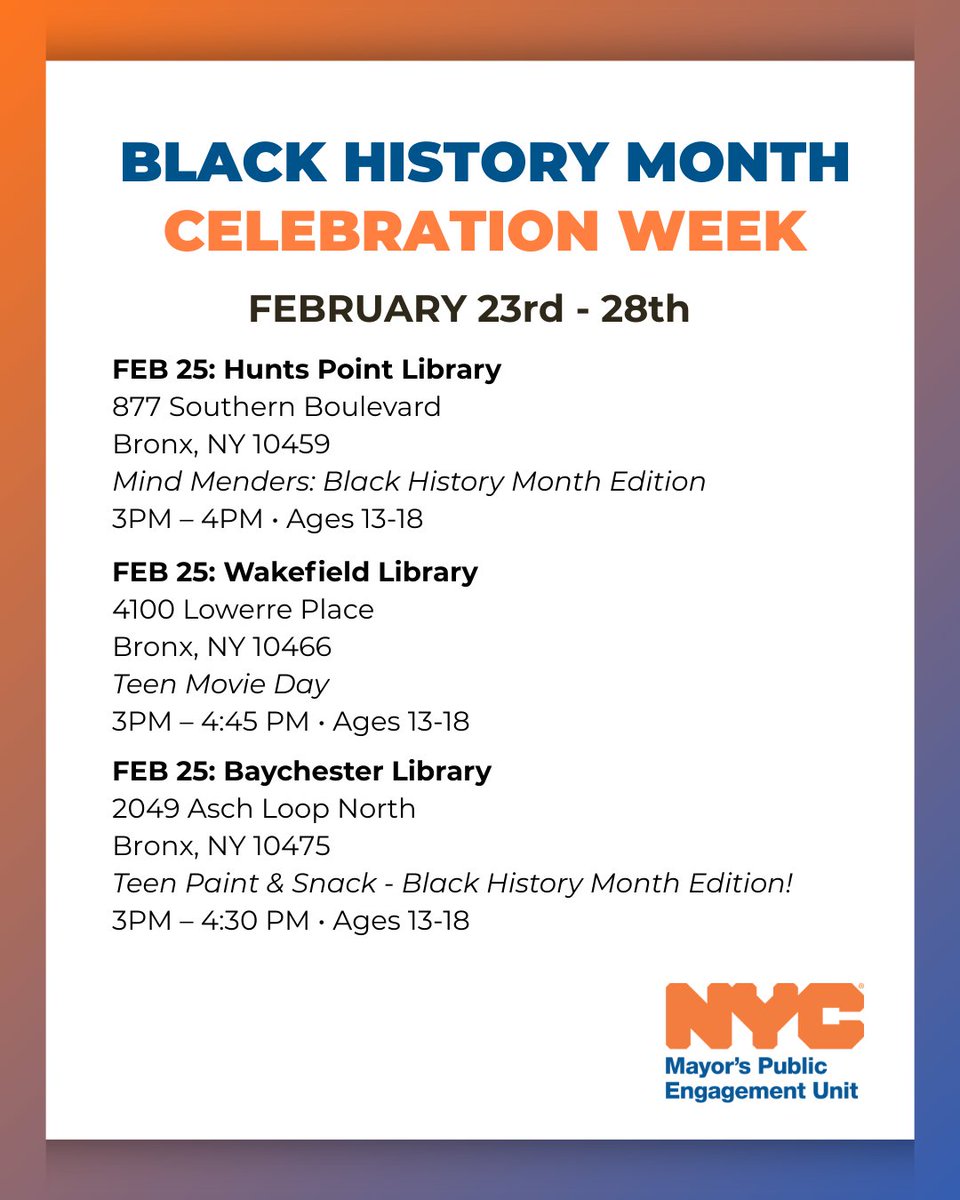 MayorsPEU's tweet photo. This Black History Month, explore and celebrate with your kids—for FREE! NYPL offers special events, books, and activities honoring Black history and culture. #BlackHistoryMonth #NYC #NYCLibrary #FreeEvents #FamilyActivities #LearnAndCelebrate #BlackCulture https://t.co/HsgzhY74wW