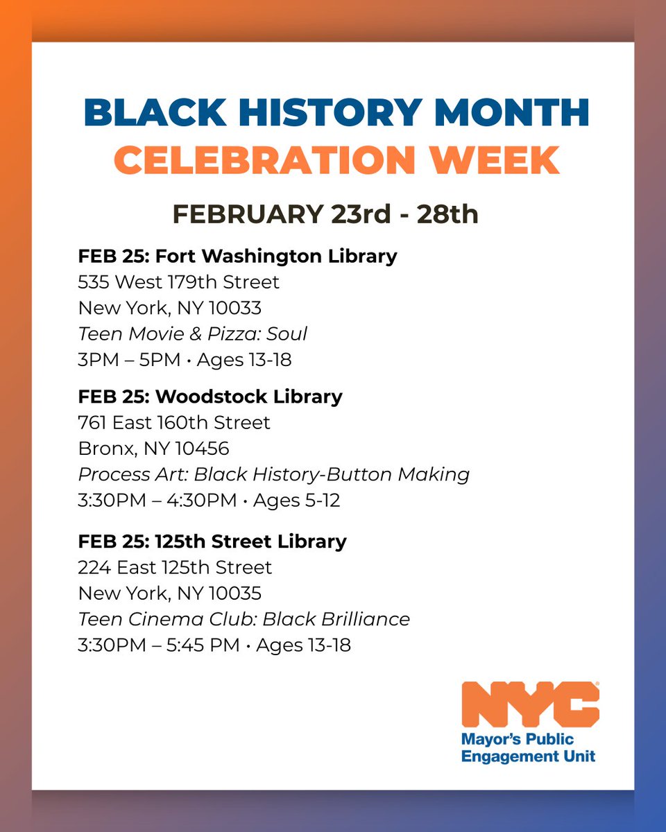 MayorsPEU's tweet photo. This Black History Month, explore and celebrate with your kids—for FREE! NYPL offers special events, books, and activities honoring Black history and culture. #BlackHistoryMonth #NYC #NYCLibrary #FreeEvents #FamilyActivities #LearnAndCelebrate #BlackCulture https://t.co/HsgzhY74wW