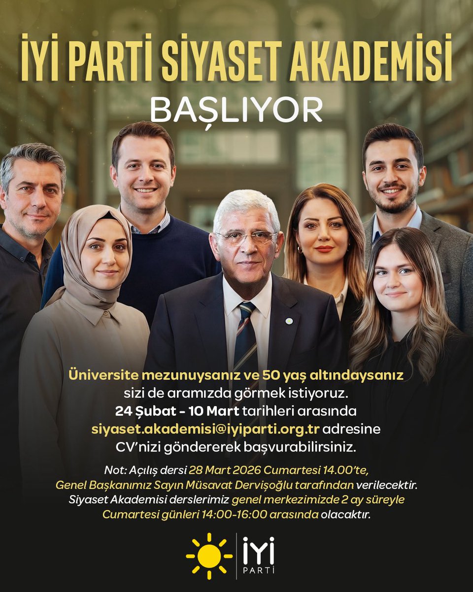 İYİ Parti Siyaset Akademisi başlıyor!

Eğitimlerimize siz de katılmak istiyorsanız;

24 Şubat-10 Mart tarihleri arasında 
siyaset.akademisi@iyiparti.org.tr adresinden başvuru yapabilirsiniz.

İlgilenen herkesi bekliyoruz.☀️