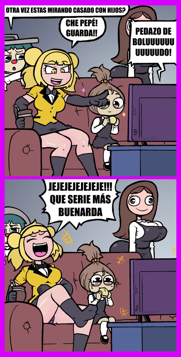 #PClub #ThePClub <a href="/Gbt_Studios/">Garabato Studios</a> <a href="/JuanaCavanesi/">𝐋𝐔𝐈𝐒 𝐌𝐈𝐆𝐔𝐄𝐋𝐀</a> 

Otro Mini Comic de Nuestra Argentina Favorita 
en esta ocasión viendo la Tele junto al resto de finalistas de "Perú tiene Ascendencia"

PD- le dio un Alfajor de Maicena a Adefesia para hacer las Paces tras la putiza que le dio