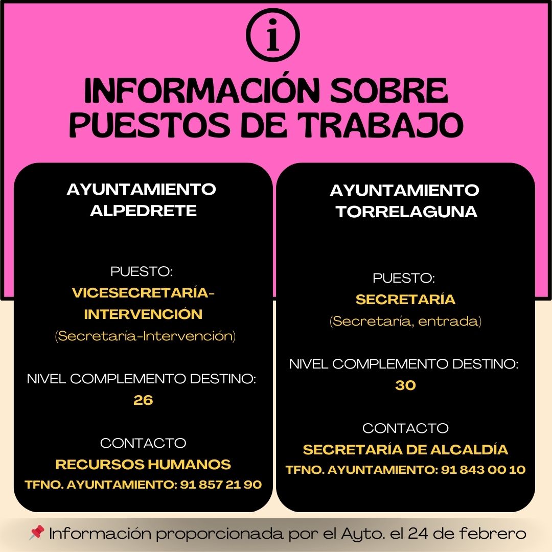 CositalMadrid's tweet photo. INFORMACIÓN SOBRE PUESTOS DE TRABAJO: AYUNTAMIENTOS DE ALPEDRETE Y TORRELAGUNA https://t.co/UByaxkLQRc