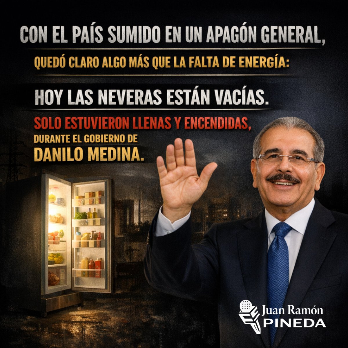 CayeroSoy's tweet photo. “Ayer, mientras el país estaba a oscuras por el apagón, un político opositor recordó una verdad incómoda:
las neveras hoy están vacías y apagadas.
Solo estuvieron llenas y encendidas en la gestión del expresidente Danilo Medina.” https://t.co/MFA7C27nfi