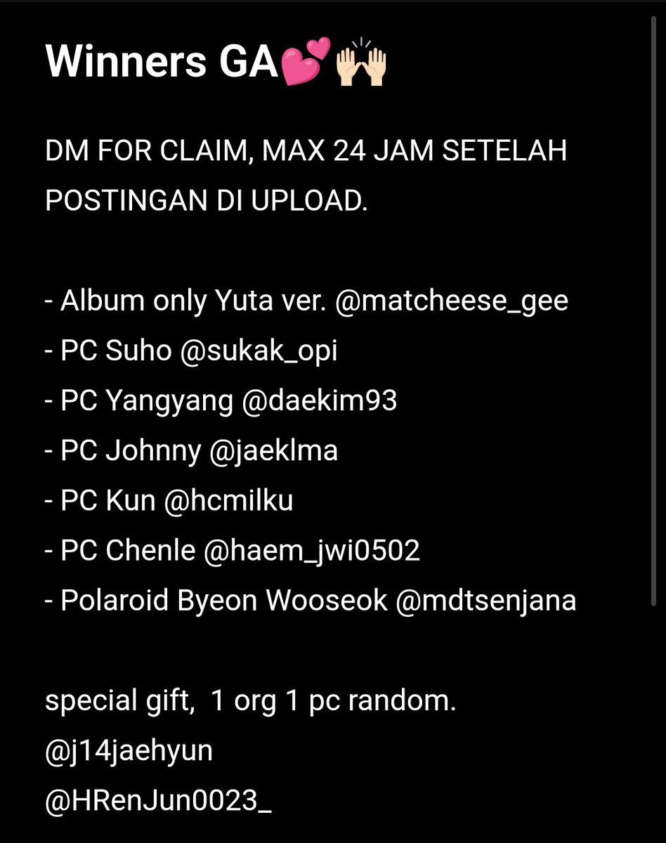 24putriaurel's tweet photo. aku up sekarang aja yaa pemenangnya, biar bisa di co besokk (25.2).
Selamat buat para pemenang, aku minta tolong buat rt+like pinned aku ya teman teman. terimakasih.
@matcheese_gee
@sukak_opi
@jaeklma
@hcmilku
@haem_jwi0502
@mdtsenjana

special gift 
@j14aehyun
@HRenJun0023_ https://t.co/1c85IsudAc