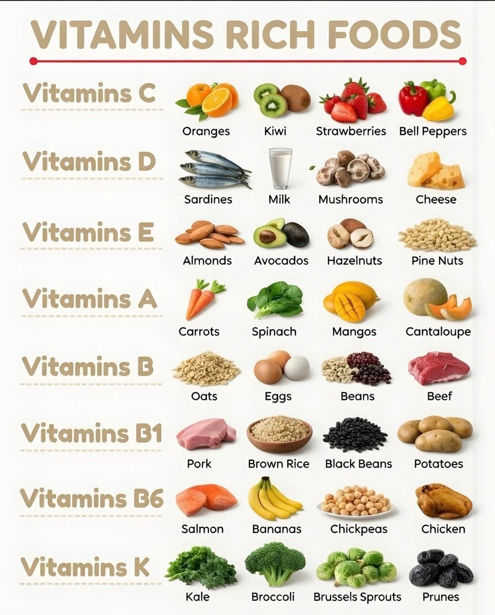 VITAMINS RICH FOODS

Vitamins C
Oranges
Kiwi
Strawberries
Bell Peppers

Vitamins D
Sardines
Milk
Mushrooms
Cheese

Vitamins E
Almonds
Avocados
Hazelnuts
Pine Nuts

Vitamins A
Carrots
Spinach
Mangos
Cantaloupe

Vitamins B
Oats
Eggs
Beans
Beef

Vitamins B1
Pork
Brown Rice
Black