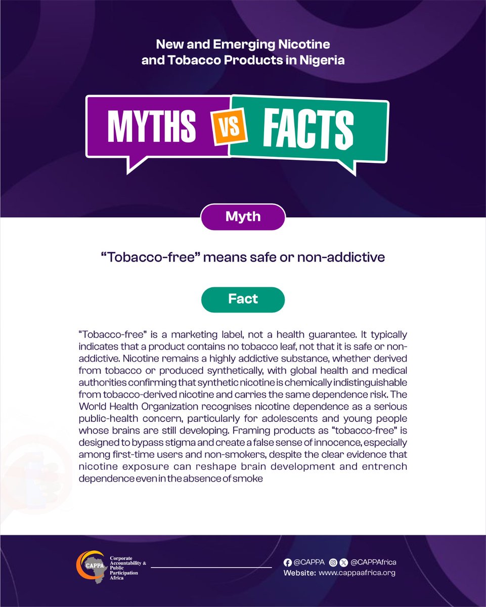 “Tobacco free” doesn’t mean risk-free.
Nicotine is still addictive whether plant derived or synthetic. Labels can mislead, but science is clear.
#NewSmokeTrap
<a href="/CappaAfrica/">CAPPA Africa</a> <a href="/VitalStrat/">Vital Strategies</a>