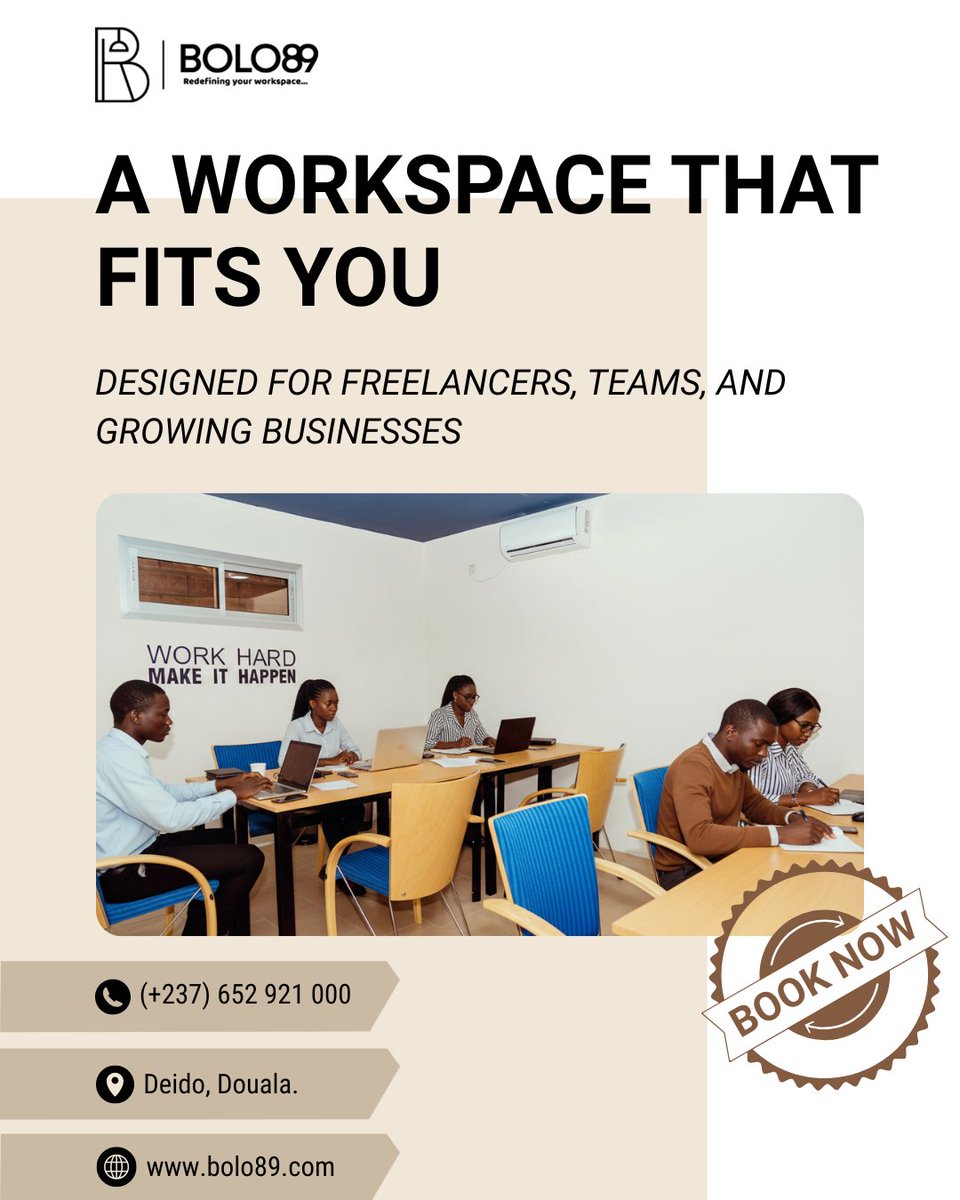 𝐀 𝐖𝐎𝐑𝐊𝐒𝐏𝐀𝐂𝐄 𝐓𝐇𝐀𝐓 𝐅𝐈𝐓𝐒 𝐘𝐎𝐔
Designed for freelancers and growing teams.
Comfortable, professional, and ready for you.
📍 Deido, Douala
📞 (+237) 652 921 000

#BOLO89 #Coworking #Cameroon
