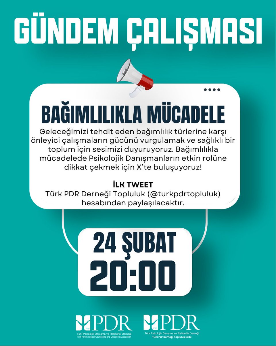 turkpdrtopluluk's tweet photo. Bağımlılıkla mücadelede Psikolojik Danışmanlar olarak sahadayız! Toplum sağlığını korumak ve önleyici çalışmaların önemine dikkat çekmek için sesimizi X’te yükseltiyoruz.
​
​İlk Tweet: @turkpdrtopluluk hesabından paylaşılacaktır.

​📅 24 Şubat
⏰ 20:00

@turkpdrdernegi 
@mfatihkilic1991
@bartubss