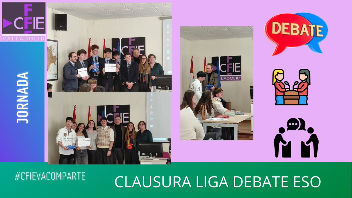 cfievalladolid's tweet photo. ¡Clausuramos una jornada increíble en la liga de Debate de ESO! 🌟
🥇Finalistas #LigaDebate ESO : Peñalba e IES Emilio Ferrari
🏆Ganador 👉🏻Peñalba
🧑🏻🎓Orador destacado👉 Víctor Bécares Arribas, IES Emilio Ferrari
Enhorabuena a todos los participantes de la Liga de Debate de la ESO https://t.co/B8fBZVlfWj