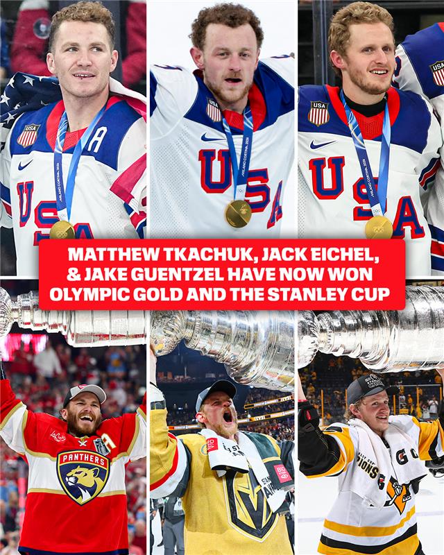 espn's tweet photo. Matthew Tkachuk, Jack Eichel &amp; Jake Guentzel have now won Olympic gold and the Stanley Cup 🔥 https://t.co/jJQGhbTuwE