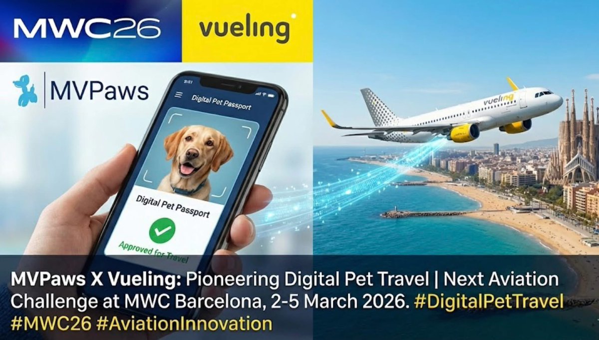 mvpawscom's tweet photo. Success! 🚀 After years of discussions with #Vueling Airlines, it is with great pleasure to announce that #MVPaws and Most Valuable Paws Limited have been selected as one of the Top 10 companies to pitch at #MWC Barcelona on March 3rd, 2026!
#NextAviationChallenge #PetTravel https://t.co/Cea1MCpSUh