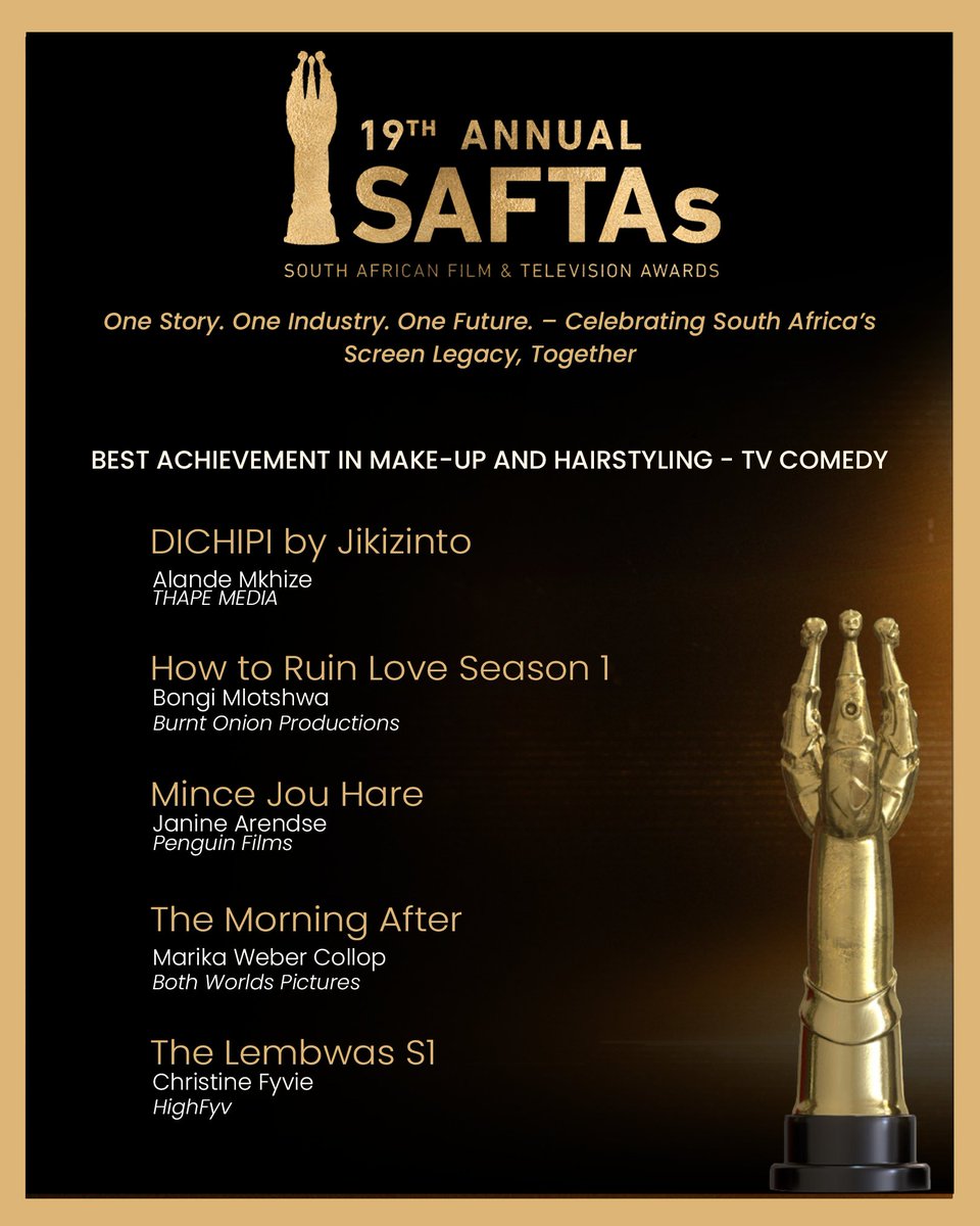 Congratulations to the nominees in the Best Achievement in Make-up and Hairstyling - TV Comedy  category!🥳 

#SAFTAs #SAFTAs19