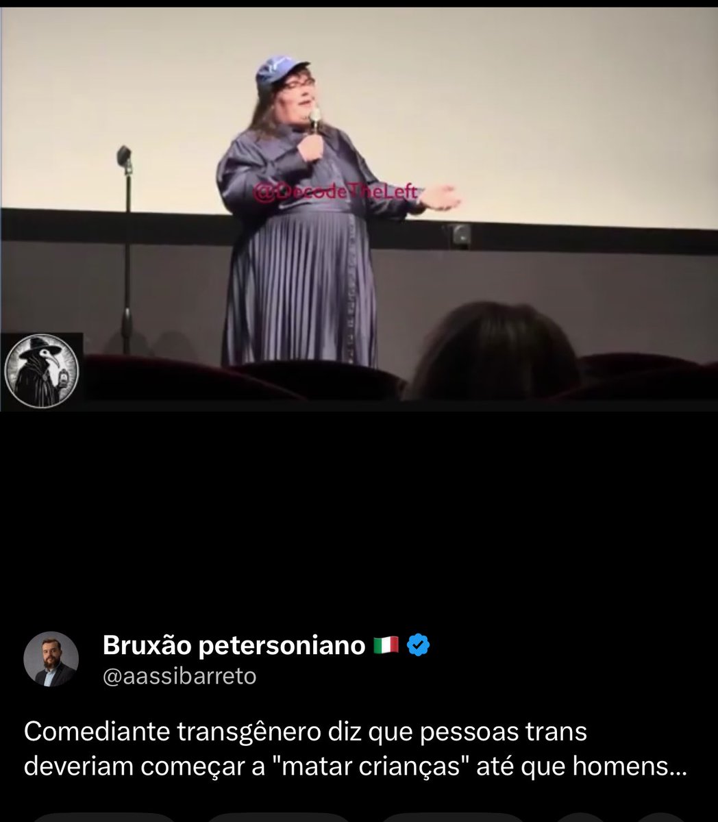 Stand up Trans:
“Eu acho que deveríamos começar a matar crianças 
Até que nos deixem usar os banheiros (das mulheres).”
Plateia: KKKKK

x.com/aassibarreto/s…